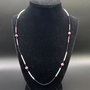 Vintage Purple White & Black Bead Necklace
